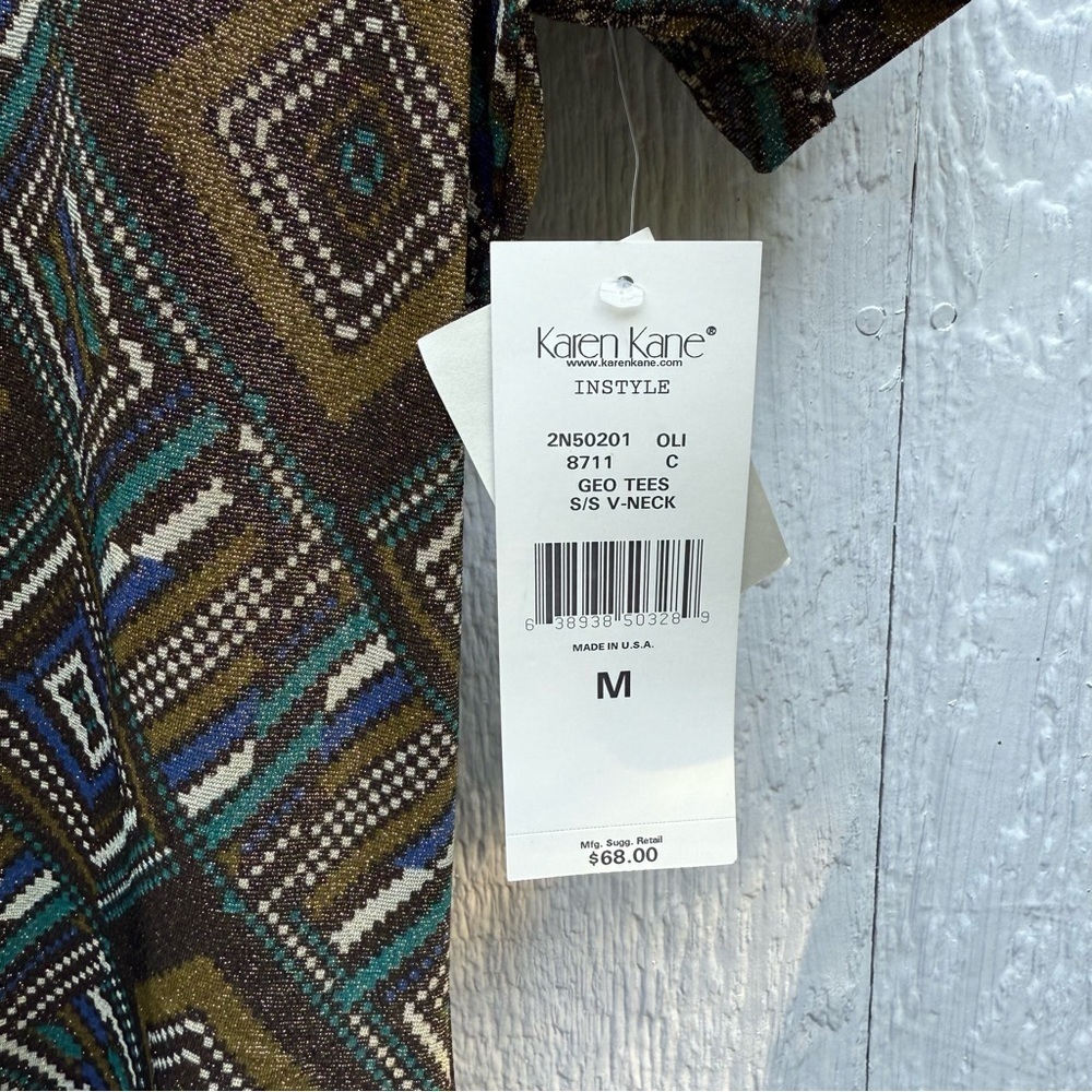 Karen Kane Geometric Sparkly Short Sleeve V-Neck T-Shirt Top M w Flaw - Picture 3 of 6